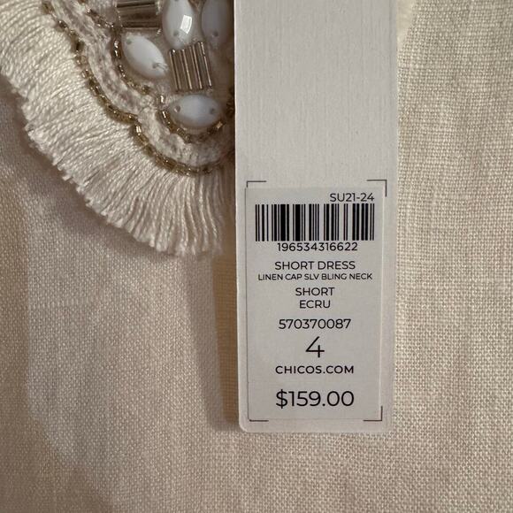 NWT Chico’s Linen Embellished Cap Sleeve Short Dress Tiered XXL / 20-22 Cream - Picture 7 of 11